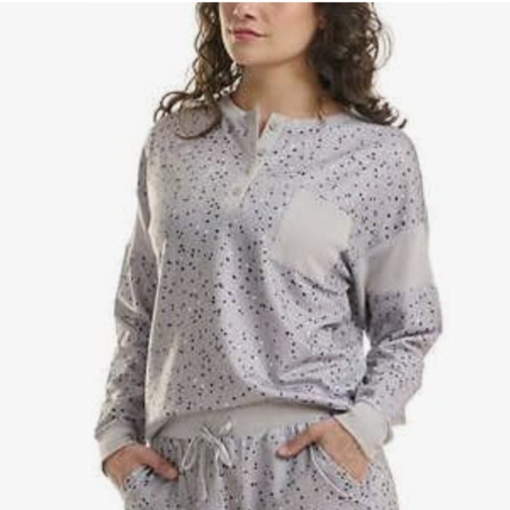 New Splendid Large Gray Blue Polka Dot Stretch Henley Slouchy Pullover Top